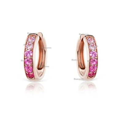 Genuine Pink Sapphire Hoops In Solid 14k Rose Gold Dainty Minimalist Earrings - Image 1 of 2