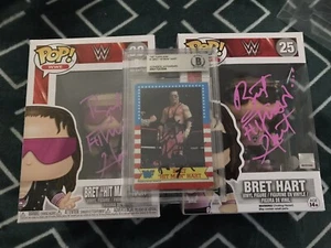 Funko Pop firmado por Bret Hart #25 y #68 + tarjeta de novato firmada con protector WWE WWF - Imagen 1 de 5