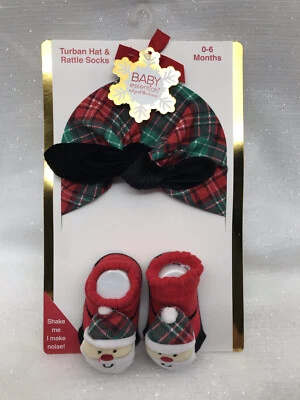 Baby Girls Turban Hat & Rattle Santa Socks Christmas Set 0-6 M Baby Essentials  - Image 1 of 4
