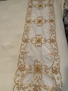 Beautiful Luxury Table Runner White With Gold Rhinestones Sequins Long 52 X 16” - Picture 1 of 13