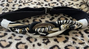 Vintage 80s Cord Rope Braided Belt Brass Medallion M/L Boho Black Ivory Gold - Picture 1 of 7