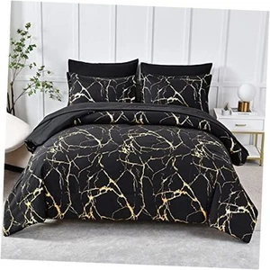 Gold Metallic Marble Comforter Set Size,7 Piece Bed in a Bag,Foil Queen Black - Picture 1 of 7