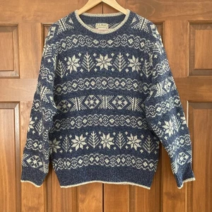 VTG LLBean Wool Blend Pullover Blue Cream Sweater Mens Medium Made In USA - Picture 1 of 6