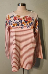 Top Joules rosa righe floreali 100% cotone girocollo manica lunga taglia US 16 UK 20 - Foto 1 di 12