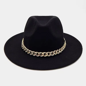 Black Fedora Hat for Women Pointed Brim Gold Chain Band Stone Paved Detail - Picture 1 of 2