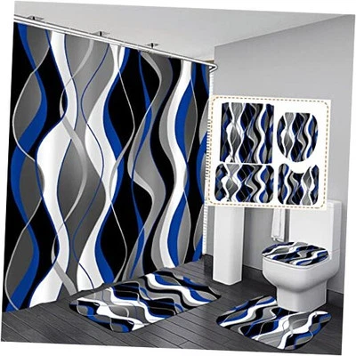  4 Pcs and Black Striped Shower Curtain Set Grey and White Bathroom Sets Blue - Image 1 of 4