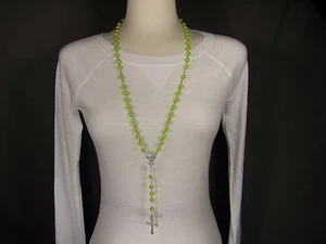 Green Silver faux pearl bead rosary cross 30" long necklace cross pendant - Picture 1 of 7