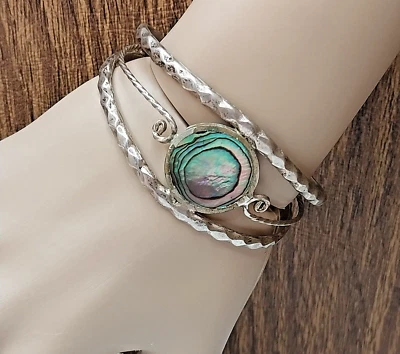 Vtg Alpaca Mexico Cuff Inlayed Abalone Medallion Scrolled Work Bracelet 6.5" - Image 1 of 4