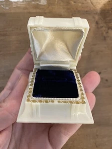 Vintage Celluloid Ring Box Presentation Art Deco Beige with Gem Blue Velvet USA - Picture 1 of 10