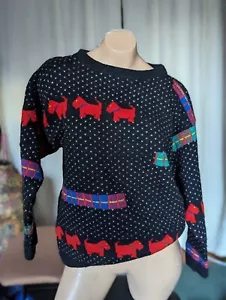 Vintage 1980s Over The Rainbow Wool Terrier Dog Polka Dot Geek Sweater Sz M - Picture 1 of 9