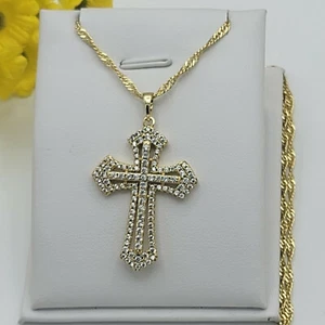 14K Gold Plated Iced Cross Pendant Crystal Necklace & 18in Chain Oro laminado - Picture 1 of 8