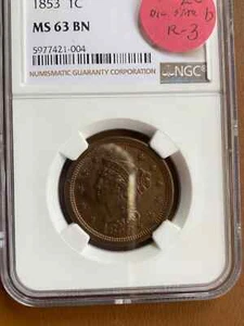1853   N-20    BRAIDED  HAIR  LARGE  CENT  NGC MS63BN  UNCIRCULATED - Picture 1 of 6