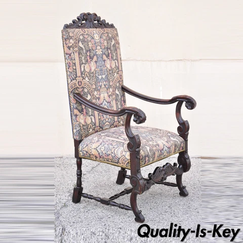 Antique Italian Renaissance Baroque Tapestry Throne Lounge Arm Chair Cover
