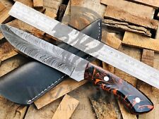 10.5" Fixed Blade Hunting Knife Damascus Steel Blade Resin Handle Leather Sheath