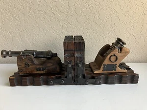 Vintage Pair Cannon Bookends Carved Wood & Metal - Picture 1 of 7