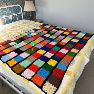 Vintage Handmade Crochet Rainbow Retro Wool Patchwork Afghan Throw Blanket - Picture 1 of 6