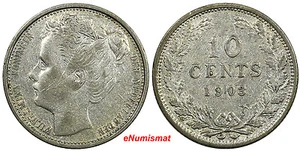 Niederlande Wilhelmina I Silber 1903 10 Cent 1 JAHR TYP KM # 135 (9889) - Bild 1 von 3