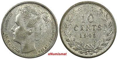 Netherlands Wilhelmina I Silver 1903 10 Cents 1 YEAR TYPE KM# 135 (9889) - Image 1 of 3