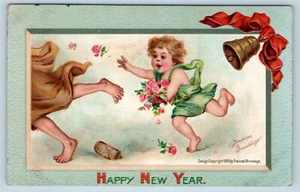 Postal Feliz Año Nuevo Bebé Año Nuevo Persiguiendo Padre Tiempo a/s Brundage Q19 - Imagen 1 de 2