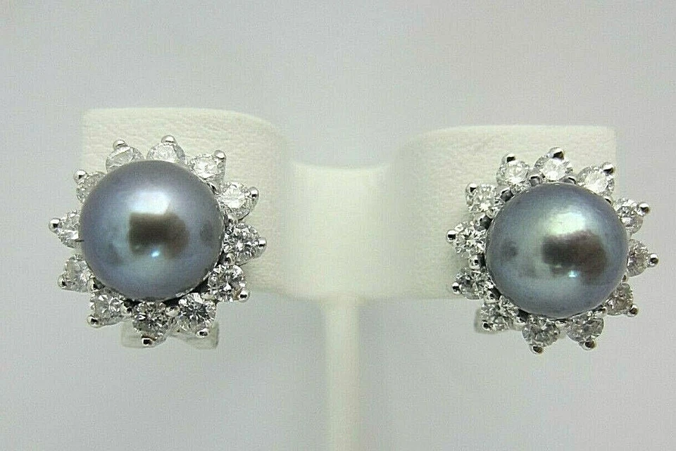 New 14K White Gold 9 mm Black Pearl and 1.75 Carat Diamond Earrings - Image 1 of 4