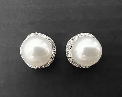 White CZ Halo 8mm Simulated Pearl Classic Elegant Sterling Silver Plate Earrings - Image 1 of 4