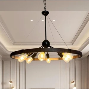 Rustic Wagon Wheel Chandelier, Farmhouse Wood Look Metal 6 Light Fixture 31.5 in - Picture 1 of 6