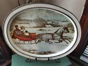 Vintage Currier Ives Tin Aluminum Tray "The Road - Winter" 1853 Rustic - Picture 1 of 10