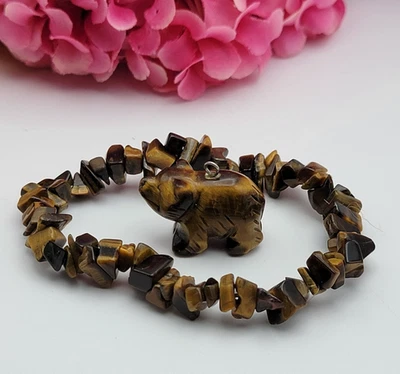 Juego de pulsera colgante y elástica de oso tallado ojo de tigre Foto 1 de 4