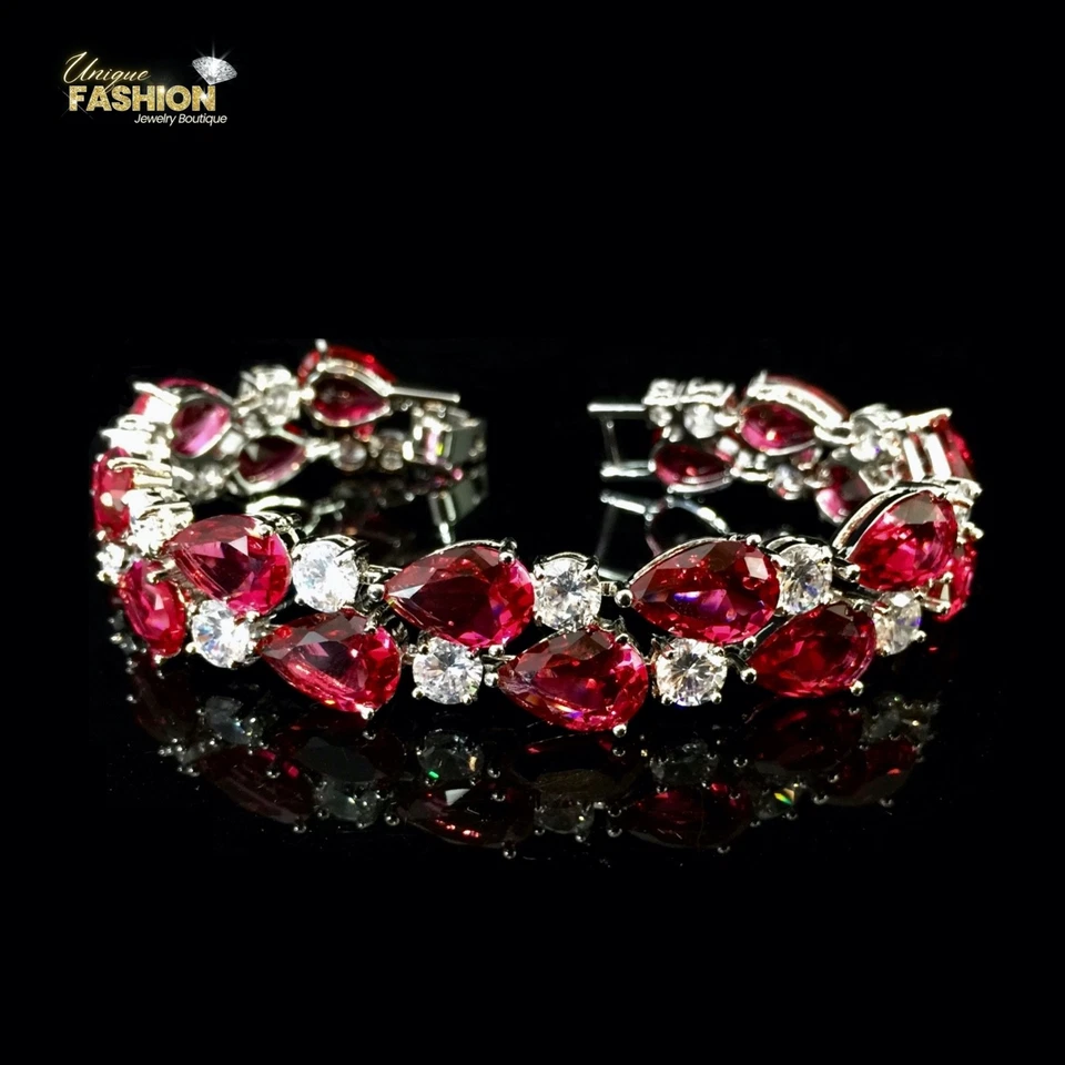 Brazalete Tenis Piedras Preciosas Granate Rojo Laboratorio Lleno Oro Blanco 18k Regalo San Valentín Foto 1 de 4