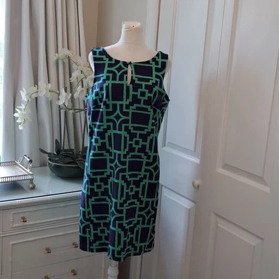 NWT Tori Richard Womens Maze-Dawna Navy/Green Geometric Print Shift Dress S-8 - Image 1 of 4