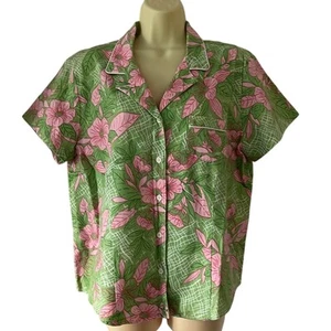Sag harbor Sport Green & Pink Floral Print Blouse Woman Size 14 Cotton Pique - Bild 1 von 8