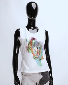 Womenі Y2K ROBERTO CAVALLI Class Vintage Cotton White Beads Stone Tank Top Sz 12 - Picture 1 of 17