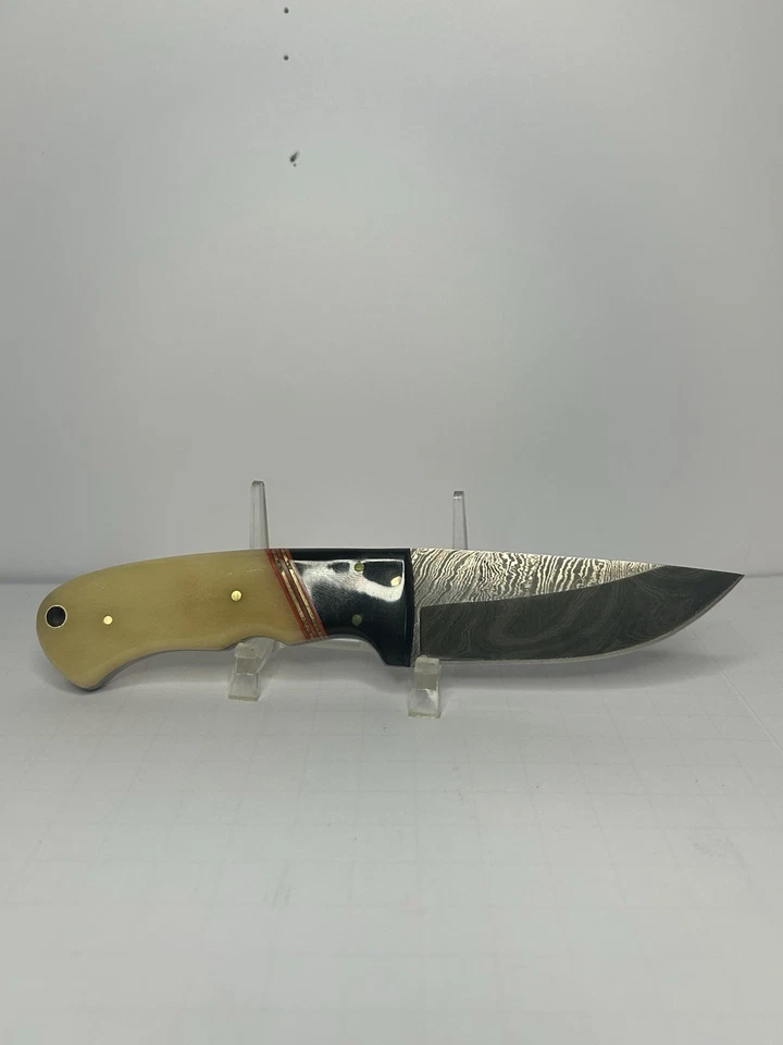 Cuchillo Fijo 3 Damasco Acero Skinner Hoja Espiga Completa Mango Hueso Liso (N43) Foto 1 de 4