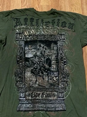 Camisa Affliction Para Hombres Mediana Caballero Verde Castillo Medival Live Fast Grunge Y2K Foto 1 de 4