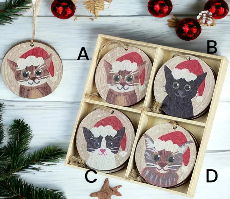 Wooden Christmas Cats in Hats Christmas Tree Baubles Decoration Xmas