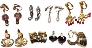 Lot Of 8 Earrings Gold Plated Clip On Rhinestones Beaded Faux Pearl Gems Vintage - Picture 1 of 24