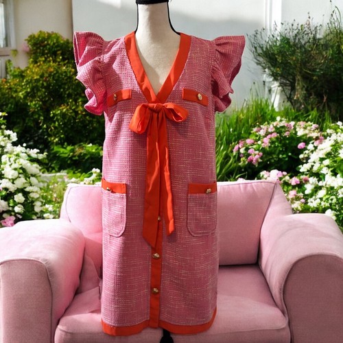 CHANEL Abito Voy in tweed rosa scollo a V nastro a contrasto manica svasata taglia S