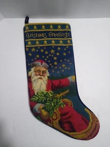 Vintage Needlepoint Christmas Stocking Santa Sleigh Hand Embroidered Felt Back - Picture 1 of 14