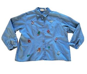 Bill Blass Shirt Denim Top Christmas Womens 2X Blue Embroidered Gifts Holiday