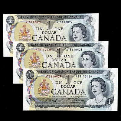 Billetes de un dólar de Canadá 1973 prefijo de papel moneda consecutivo AT lote de 3 AU Foto 1 de 2