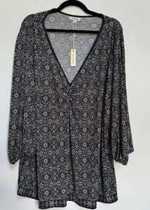Max Studio Stretch Top 3X Long Sleeve Black Coral Peasant Boho Hippie Comfort - Picture 1 of 12