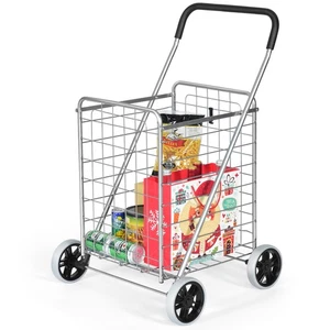 Folding Shopping Cart Utility Trolley Portable For Grocery Laundry Travel Silver - Picture 1 of 9