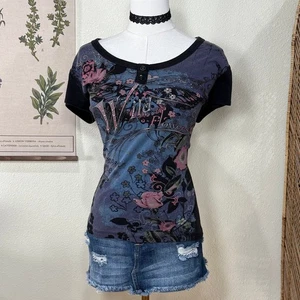 Vintage 90s Y2k Wild Flower Butterfly Embellished Top Fairy Grunge Whimsigoth XL - Bild 1 von 6