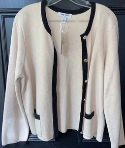 Nine West Women’s Cardigan Sweater Gold Button Front Pocket XL Oatmeal/Black - Picture 1 of 7