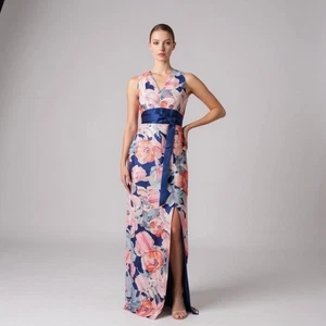 Kay Unger Calla Column Floral Marine Blue Sleeveless Long Evening Gown Dress 8 - Picture 1 of 12