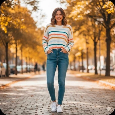 Suéter tejido a rayas SO by SO Juniors crema coral verde azulado mostaza azul talla grande Foto 1 de 4