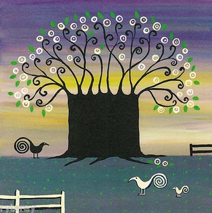 8x8 IMPRESIÓN DE PINTURA ARTE POPULAR ABSTRACTO RYTA ÁRBOL PAISAJE primavera pájaros flores - Imagen 1 de 1