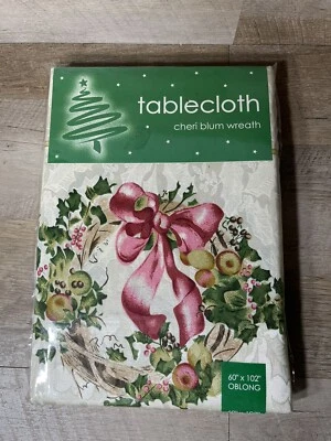 Cheri Blum Wreath Christmas Tablecloth 60” X 102” Oblong NOS - Image 1 of 4