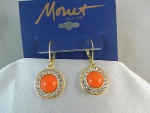 NWT MONET VTG COLLECTION LIMITED EDITION GOLD, CORAL & RHINESTONE DANGLE EARRING - Picture 1 of 6