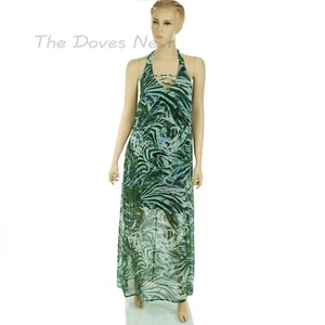 JENNIFER LOPEZ Size 8 GREEN Palm Leaf Print SHEER OVERLAY Halter Neck MAXI DRESS - Picture 1 of 12